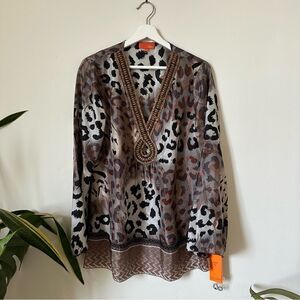 NWT Hale Bob Cabana Silk Embellished Animal Print Tunic Size M